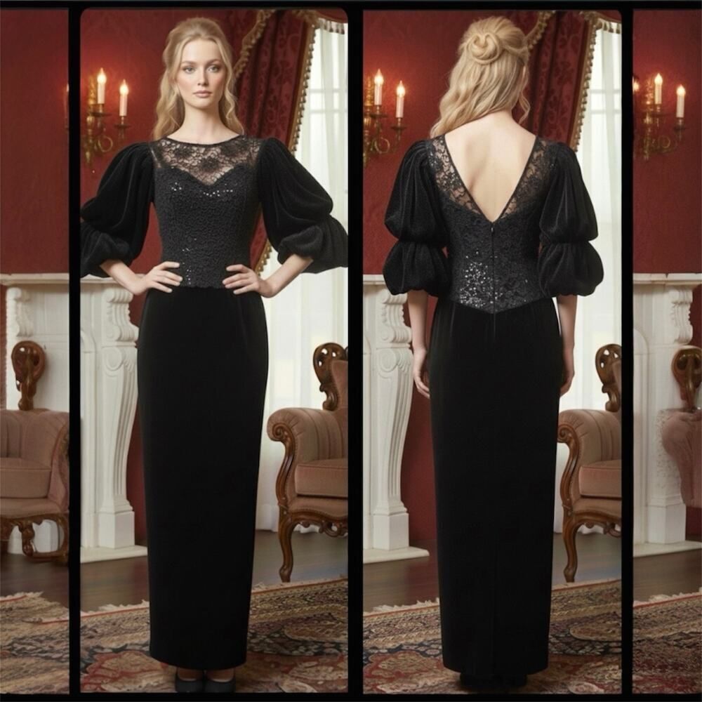 VTG 80s XS Victorian Velvet Lace Puff Sleeve Maxi Gown Whimsigoth Gothic Dress